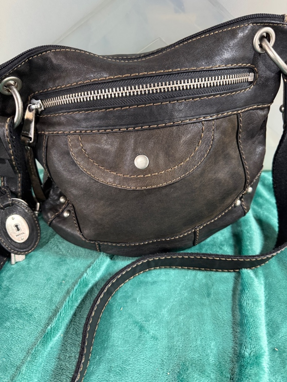Fossil Dark Brown Leather Crossbody with Silver Hardware